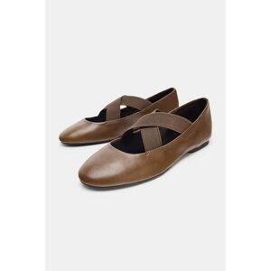 NWOT Zara Leather Ballet Flats With Crossed Elastic Straps - Size 40 (9-9.5)